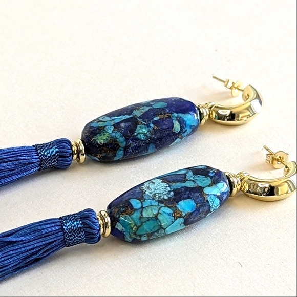 Kendra Scott Insley Statement Drop Earrings Blue Bronze Lapis Blue Tibetan Cord - Picture 5 of 7